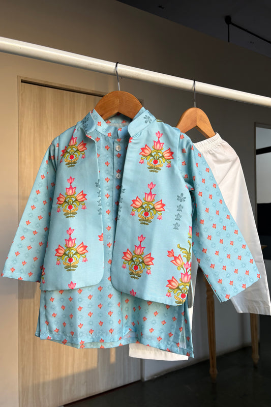 Powder Blue Lotus Print Jacket Kurta Set