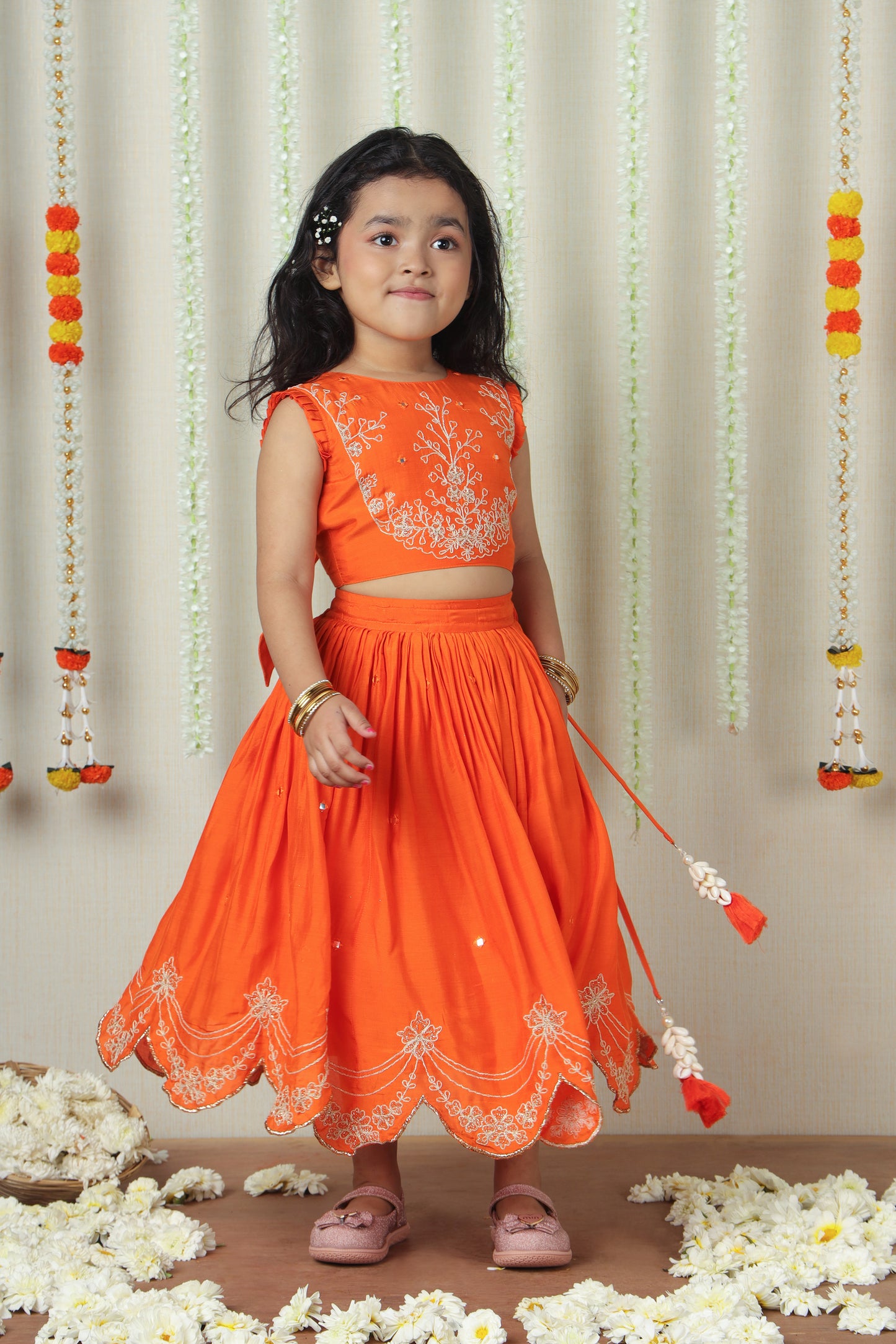 Orange Double Tie-up Embroidered Lehenga Choli