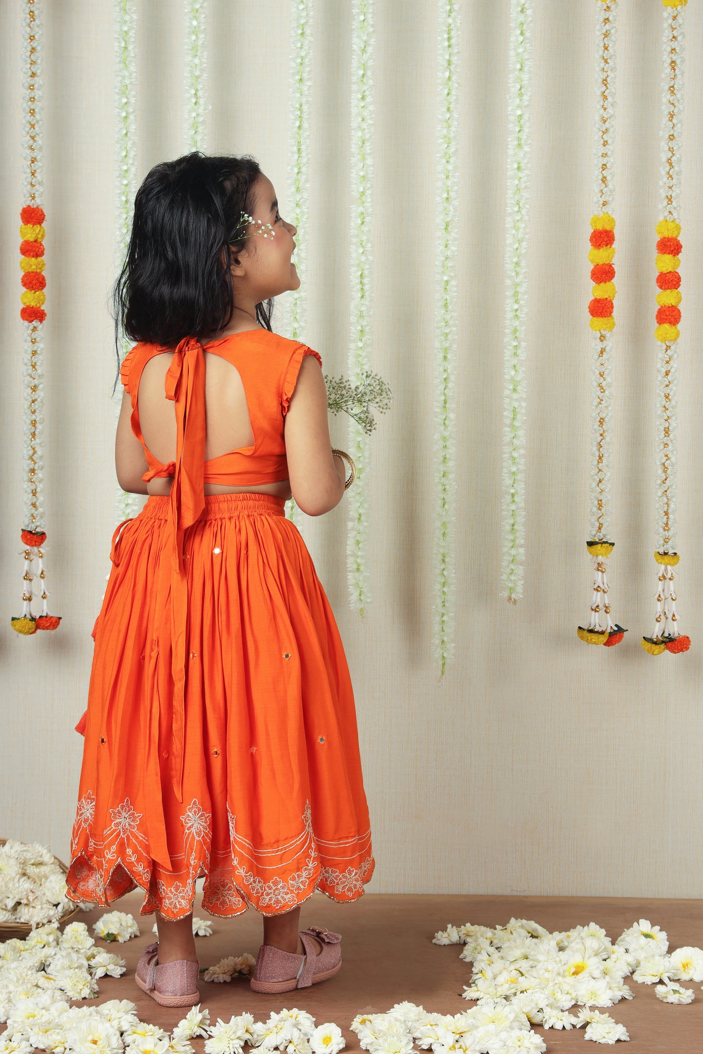 Orange Double Tie-up Embroidered Lehenga Choli