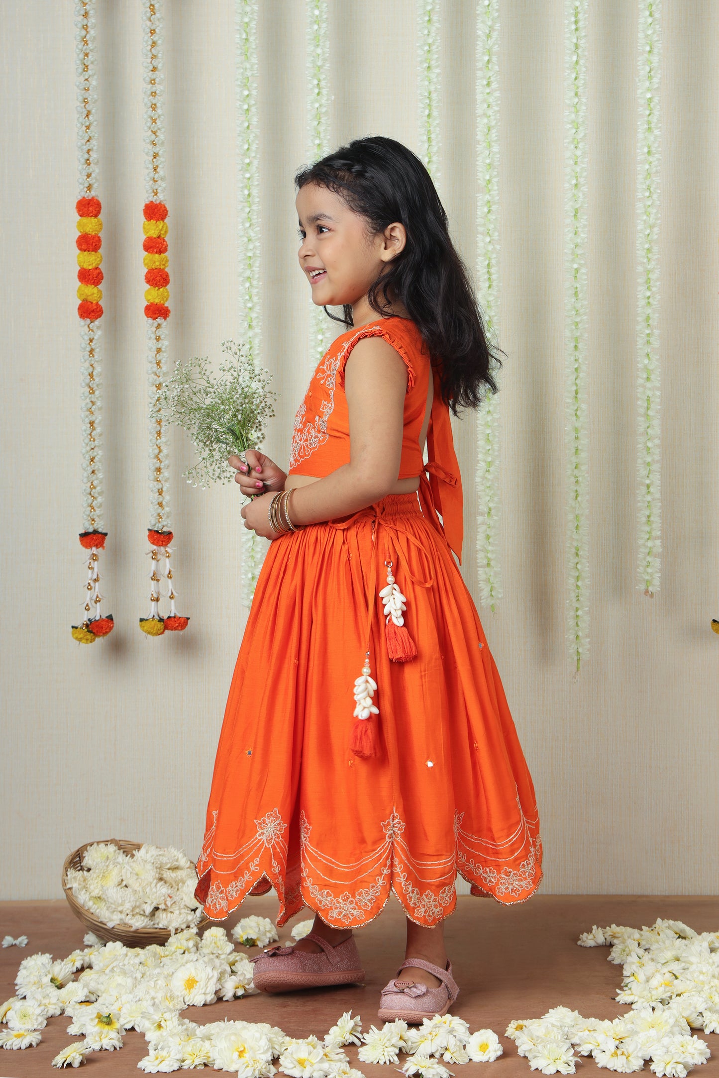 Orange Double Tie-up Embroidered Lehenga Choli