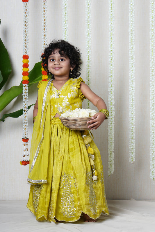 Brocade blouse with pearl tassels and embroidered scalloped  lehenga with dupatta set