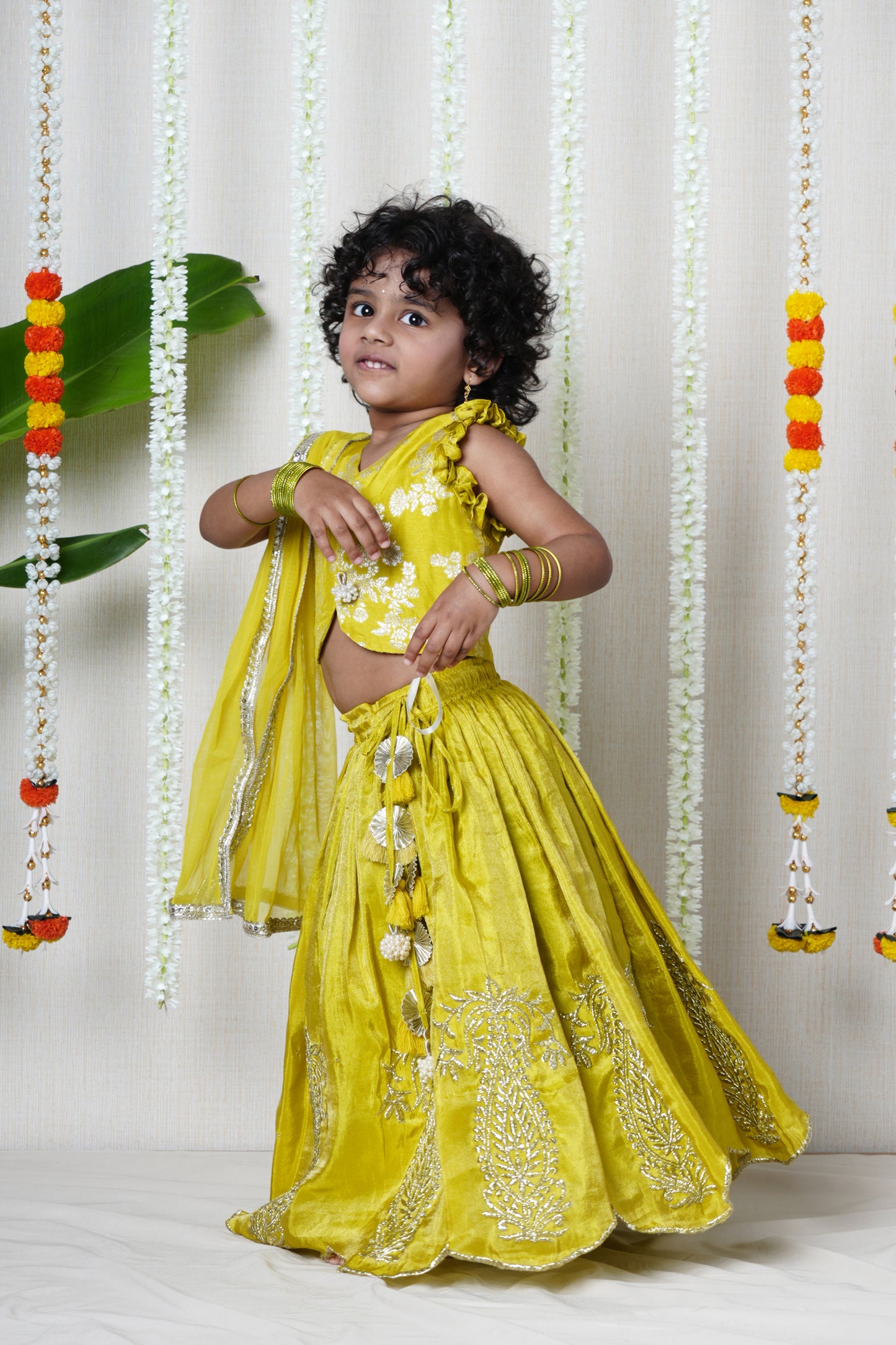 Brocade blouse with pearl tassels and embroidered scalloped  lehenga with dupatta set