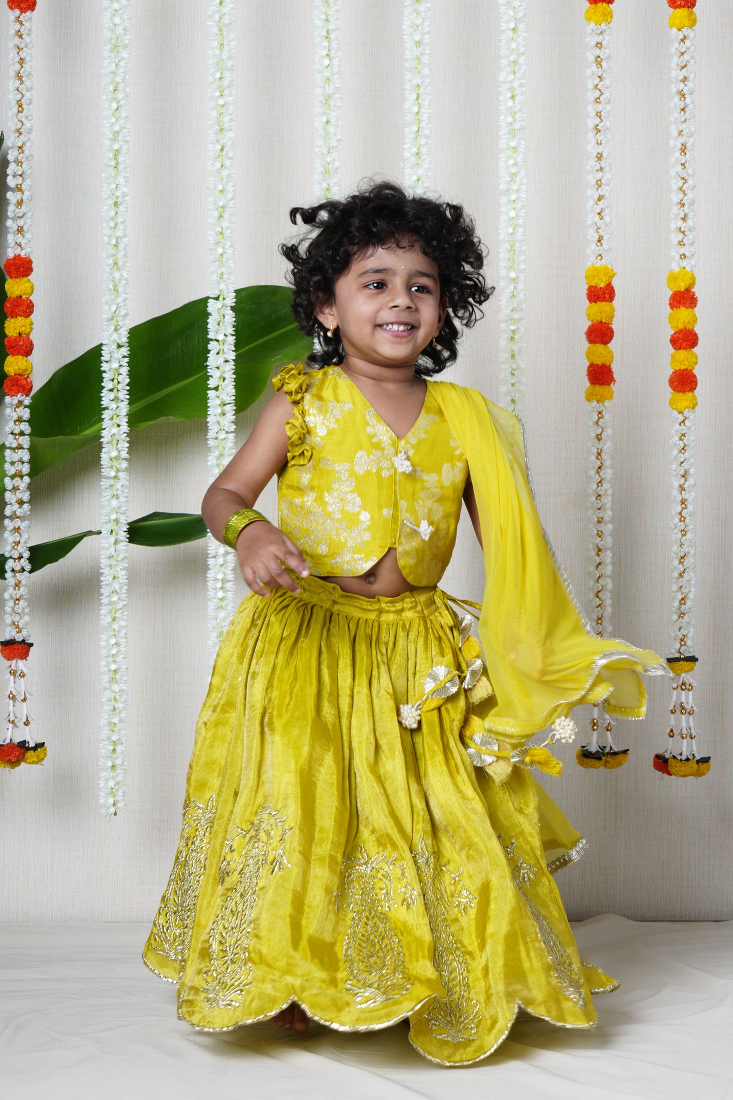 Brocade blouse with pearl tassels and embroidered scalloped  lehenga with dupatta set